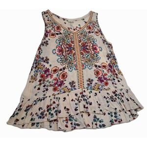 Bila Floral Tank Top Women's M Ruffle Hi Low Hem Boho Trim India Festival